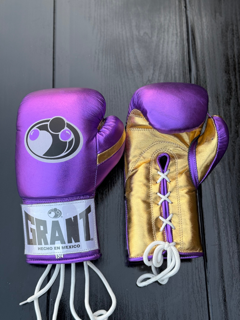grant boxing gloves purple/gold front and back view high quality lace up boxing gloves