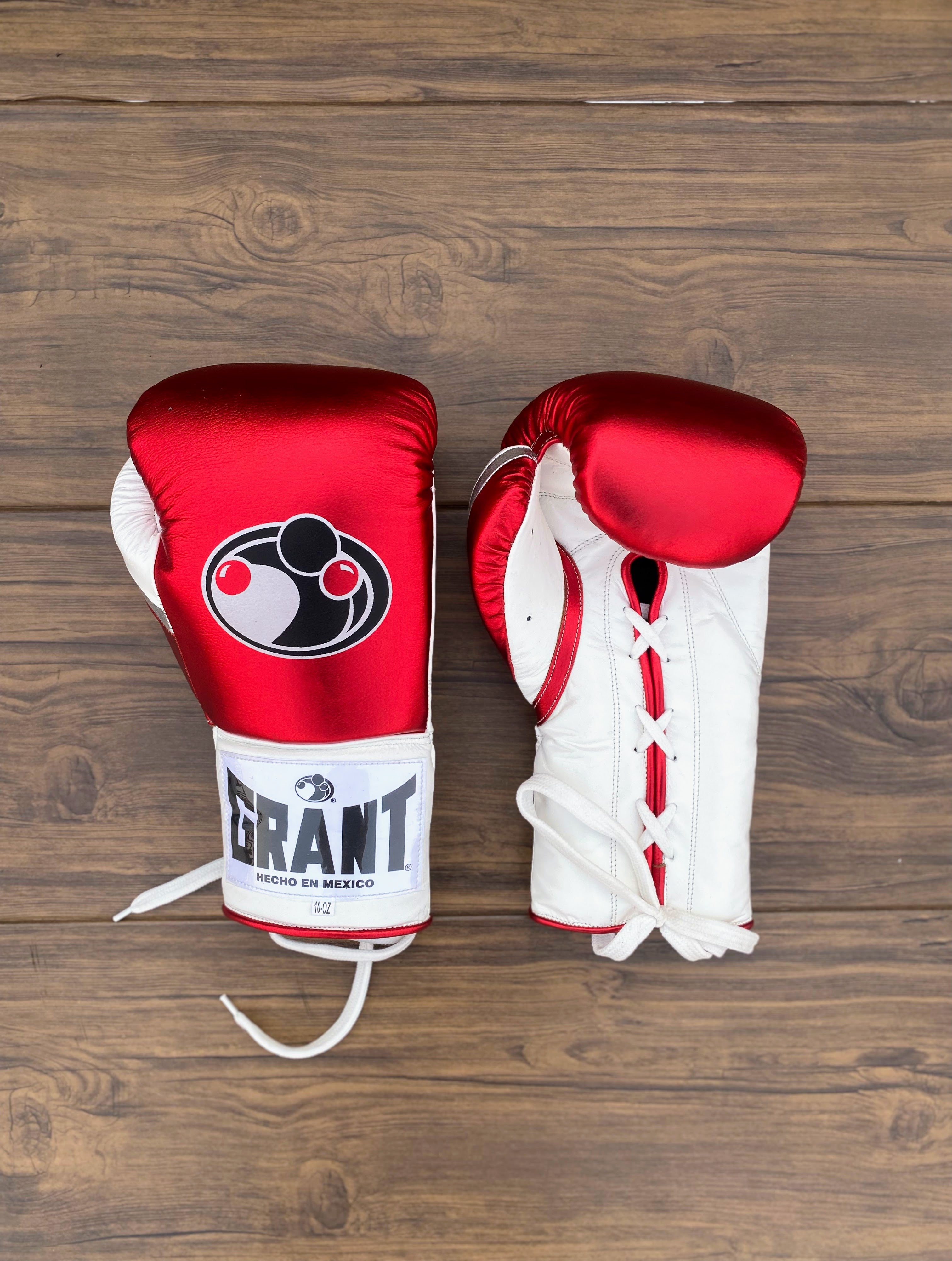 grant boxing gloves red/white/silver back and front view lace up high quality sparring gloves