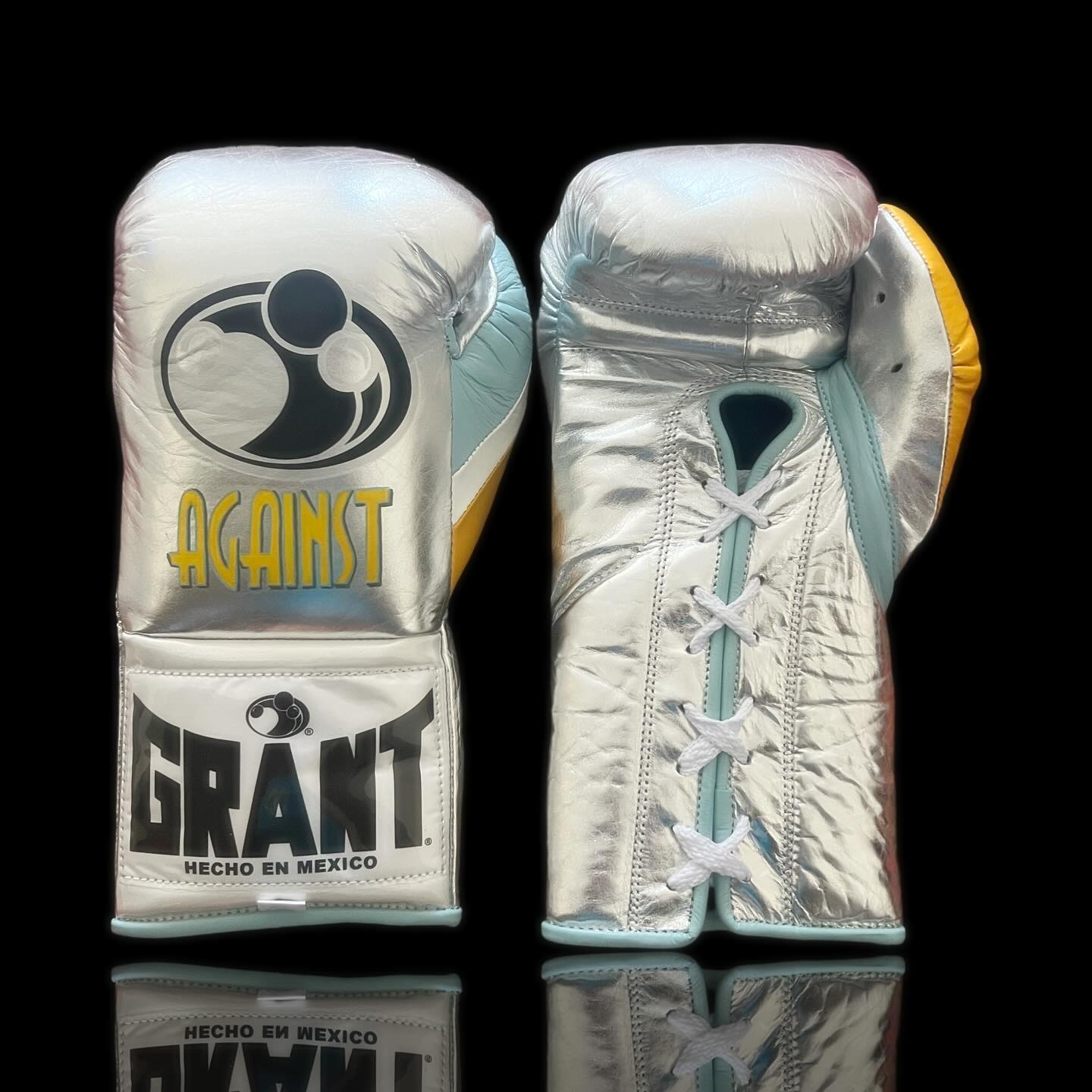 grant boxing gloves silver-blue-yellow front view premium fight gloves for athletes