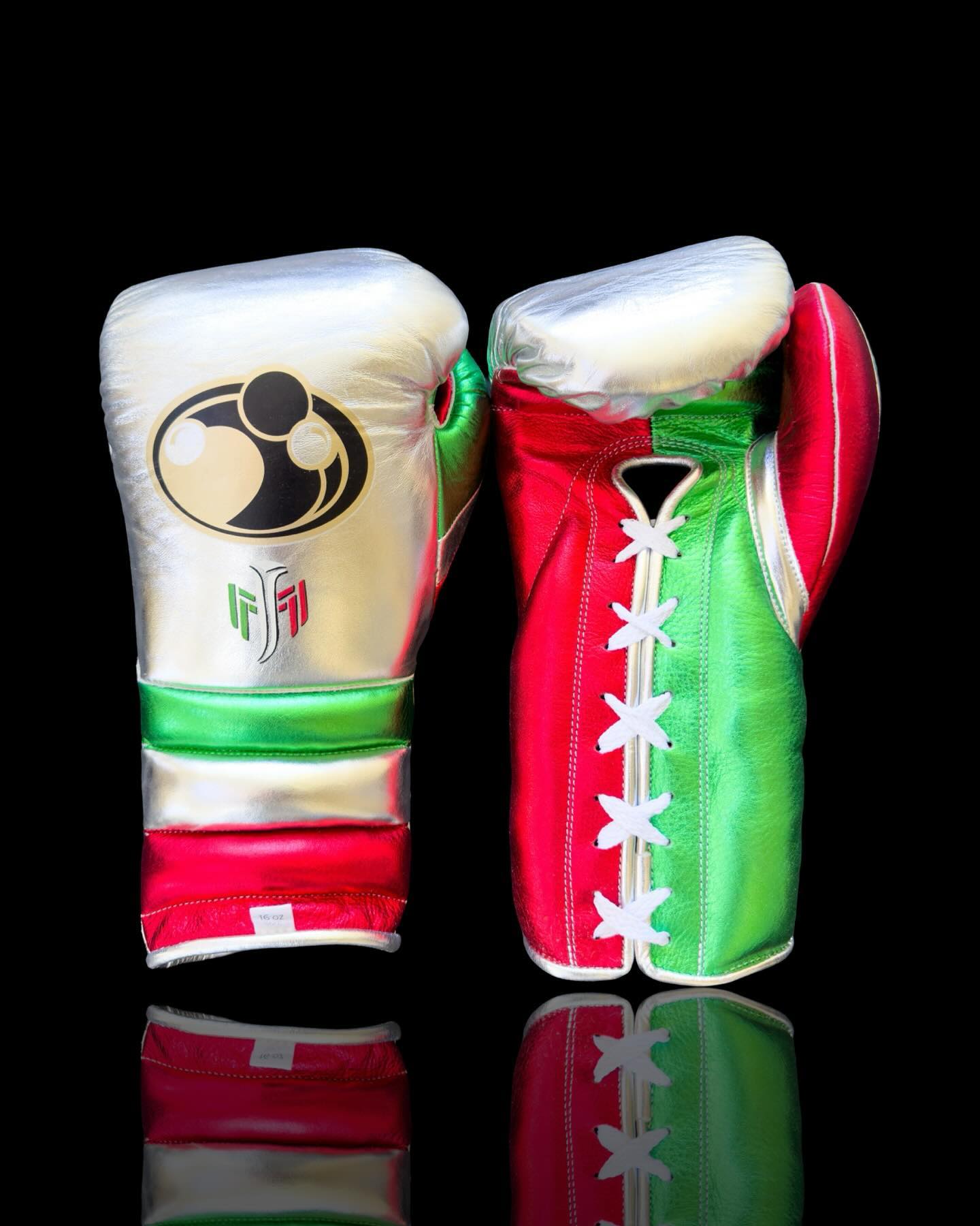 grant boxing gloves silver/red/green front view lace up high quality sparring gloves