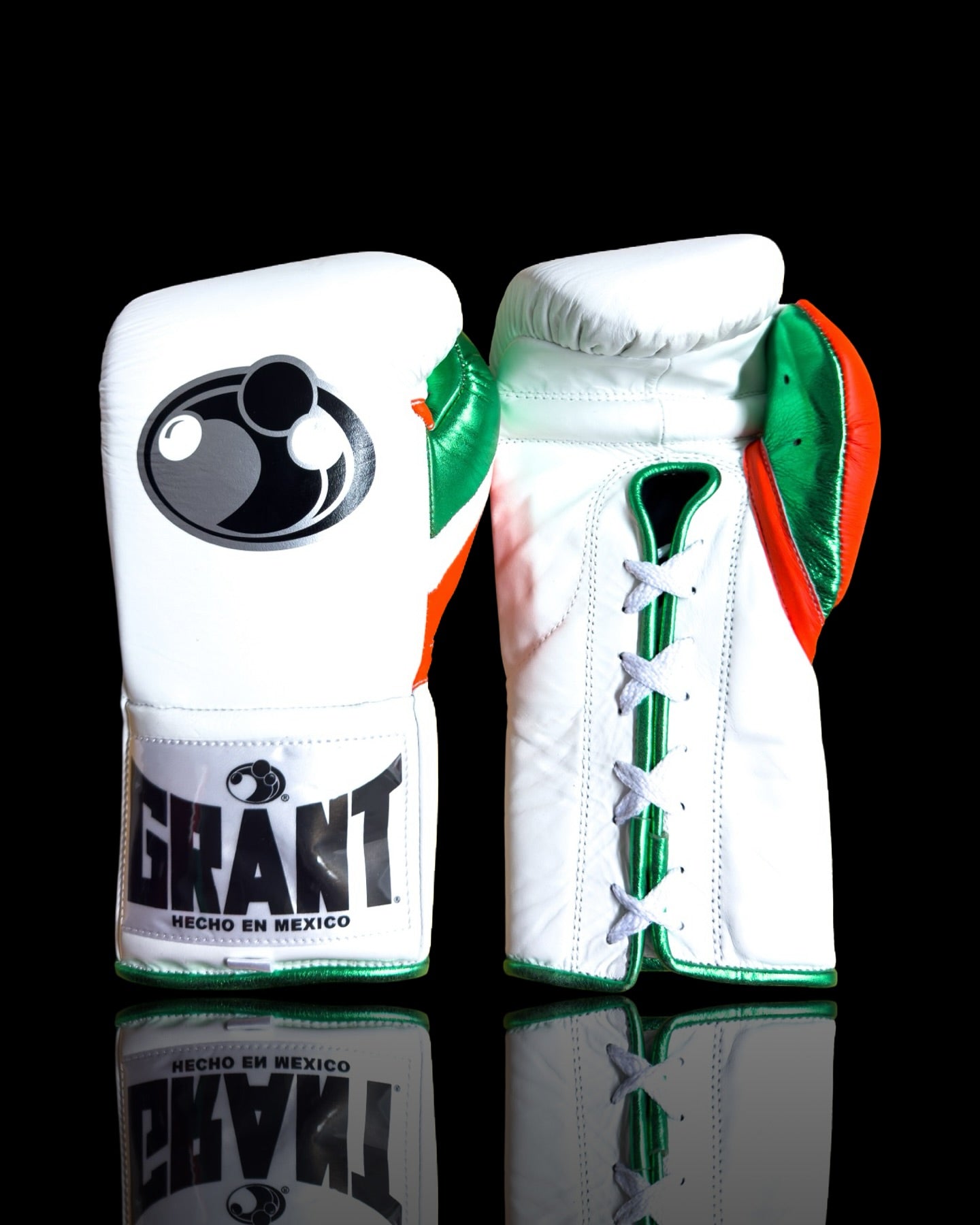 grant boxing gloves white/green/orange front view high quality lace up boxing gloves