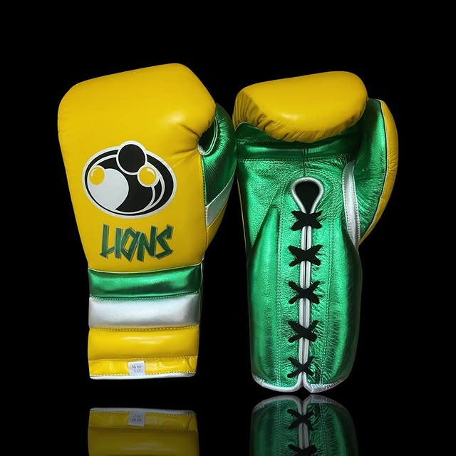 grant boxing gloves yellow/green/silver front and back view professional boxing gear premium quality