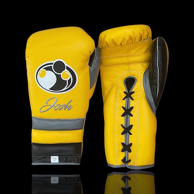 grant boxing gloves yellow/grey/black front and back view high quality lace up boxing gloves