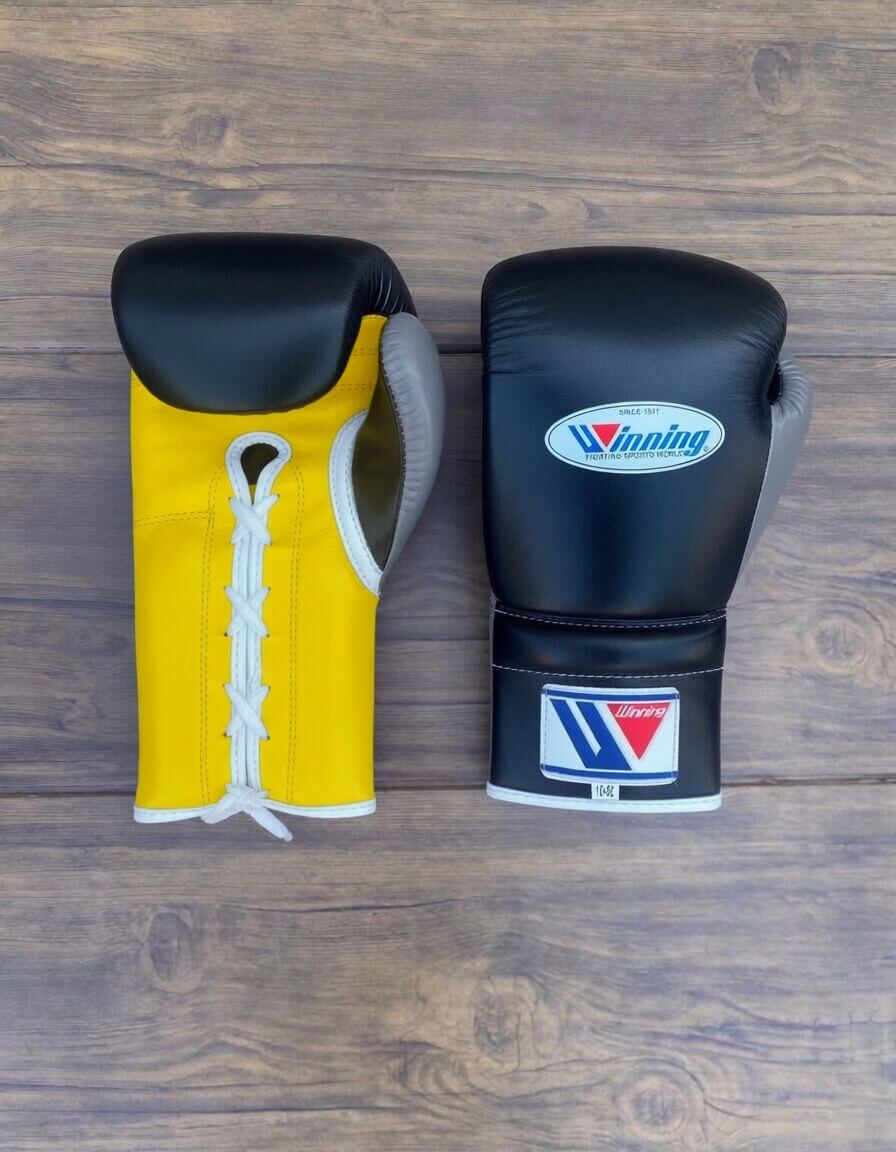 Winning Boxing Gloves Black/Yellow/Grey/White Secure Fit Leather