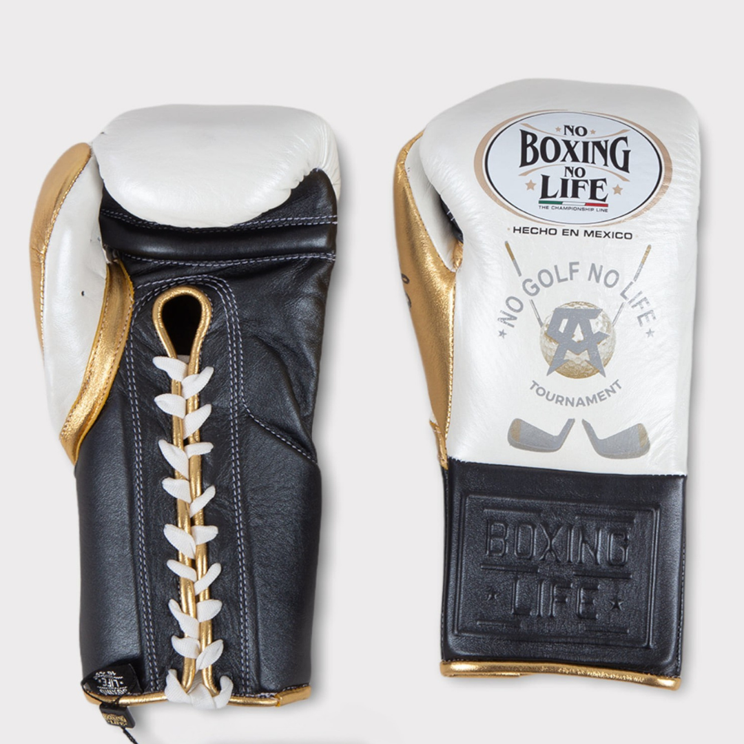 No Boxing No Life Boxing Gloves White/Black/Gold Lace-Up Training
