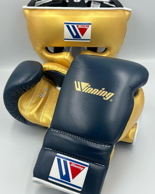 Winning Gold/Blue Boxing Gloves set | Customizable  winning Head guard and Groin guard