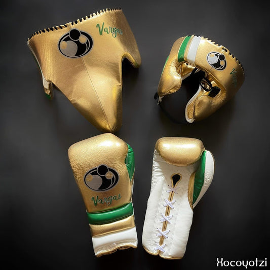 Boxing Gloves Set, Gold/Green Boxing set, Boxing Head Guard