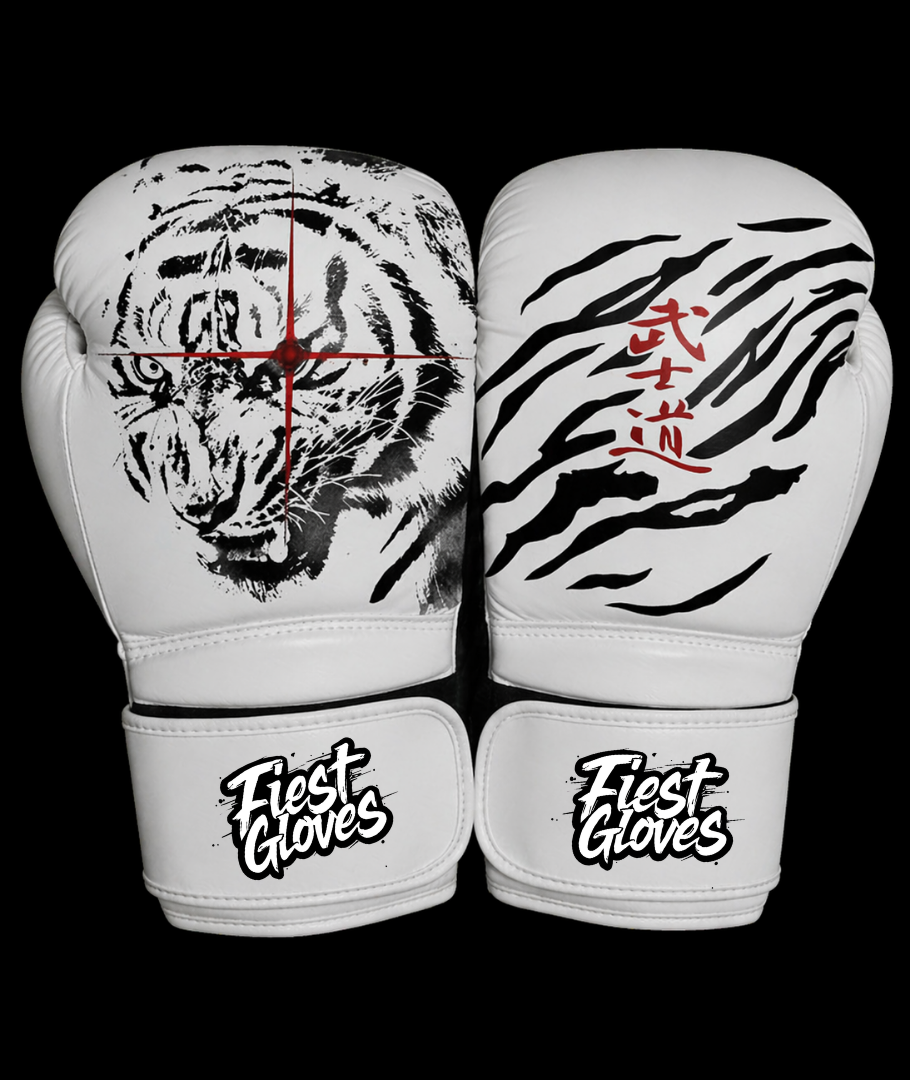 Fiest Winning Style Boxing Gloves White/Black Durable Leather Velcro