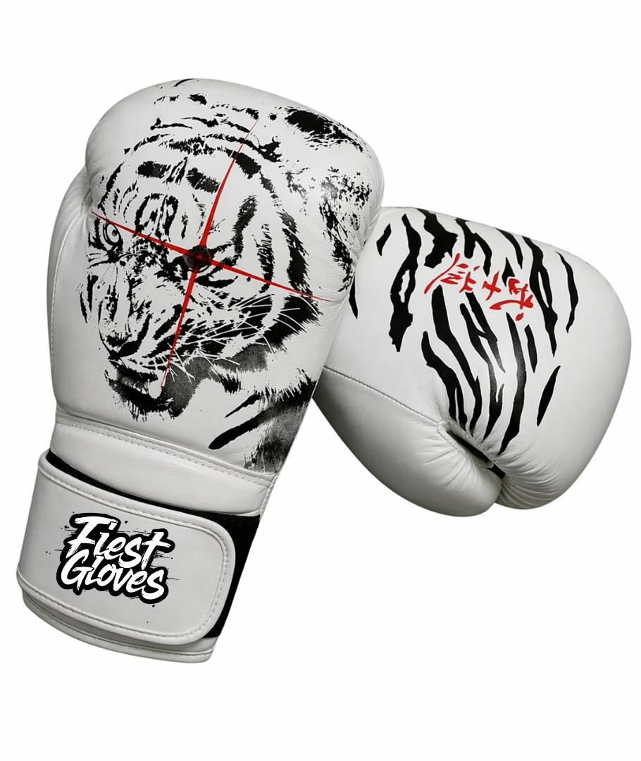 Fiest Winning Style Boxing Gloves White/Black Durable Leather Velcro