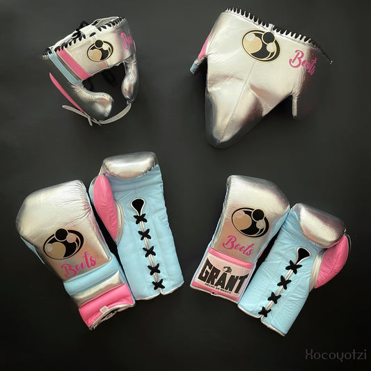 Boxing Gloves Set, Silver/ Pink Boxing set, Boxing Head Guard