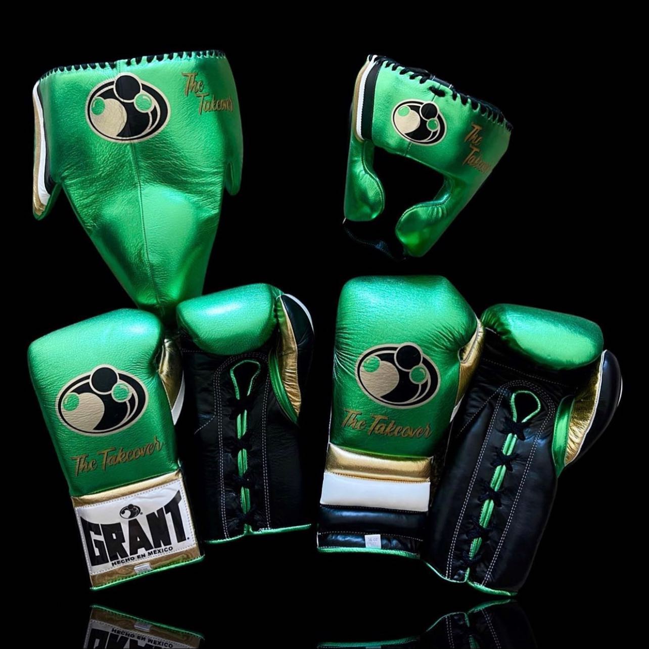 Grant Boxing Gloves Set | Professional Training Gear | Customizable - Headguard & Groinguard | Green/Black/Gold