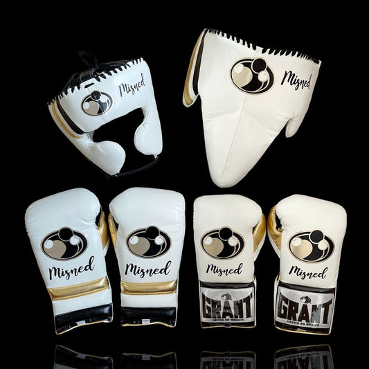 Boxing Gloves Set, White/Gold Boxing set, Boxing Head Guard