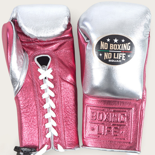 No Boxing No Life Pink/Silver Professional Training Boxing Gloves | Customizable