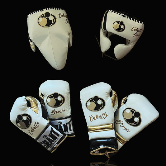 Boxing Gloves Set, White/Gold Boxing set, Boxing Head Guard
