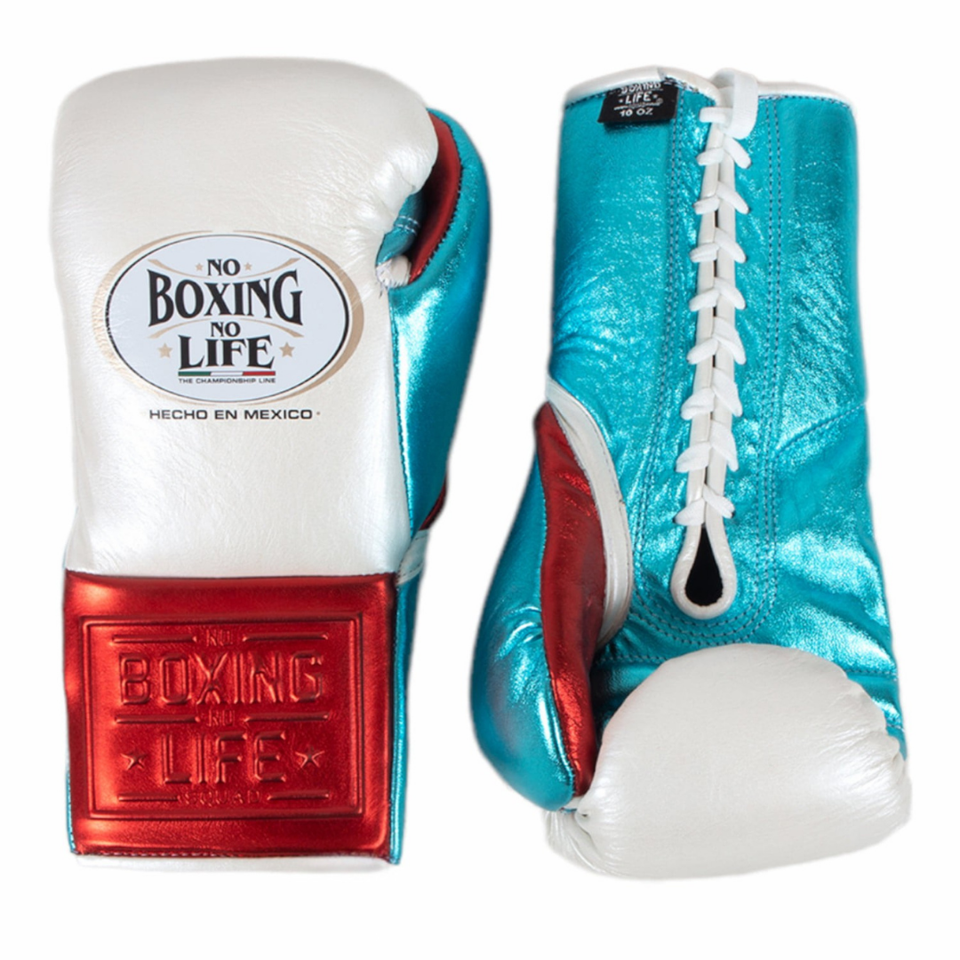 No Boxing No Life Boxing Gloves White/Blue/Red Lace-Up 16oz