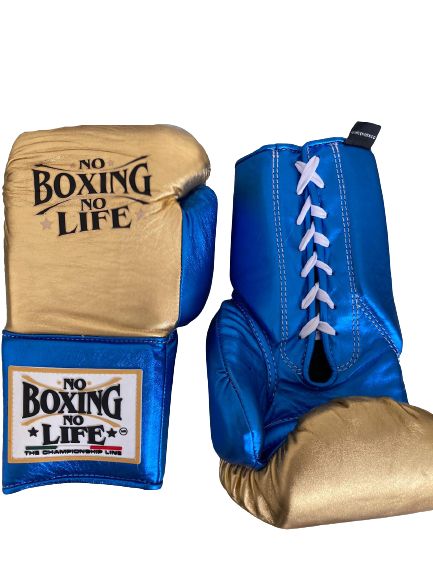 No Boxing No Life Boxing Gloves Gold/Blue Secure Fit Leather