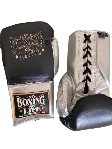 No Boxing No Life Boxing Gloves Black/Silver Lace-Up 10oz