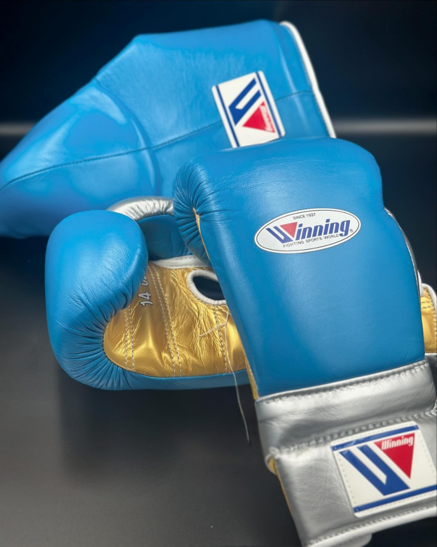 Winning Blue/Gold Boxing Gloves set | Customizable  winning Head guard and Groin guard