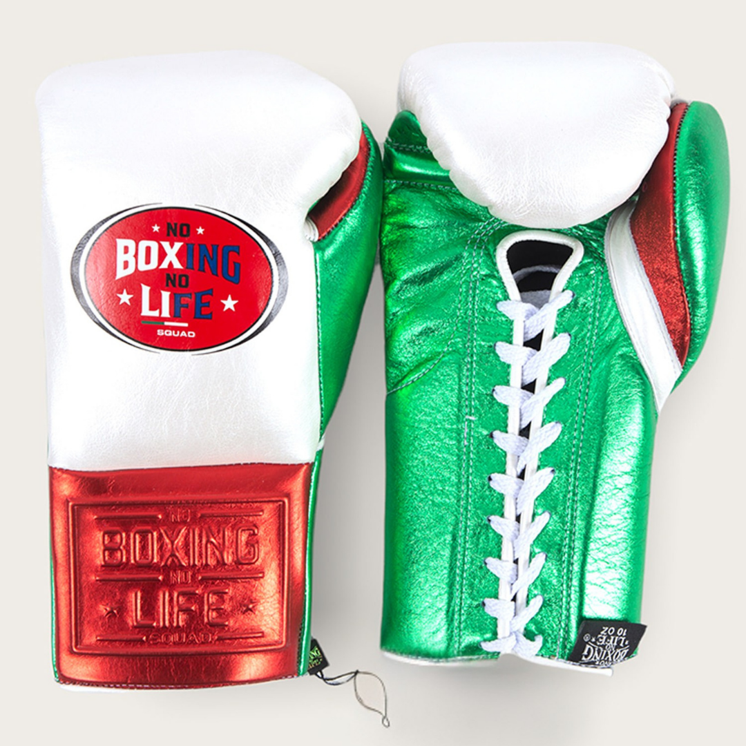 No Boxing No Life Boxing Gloves White/Green/Red Lace-Up Training