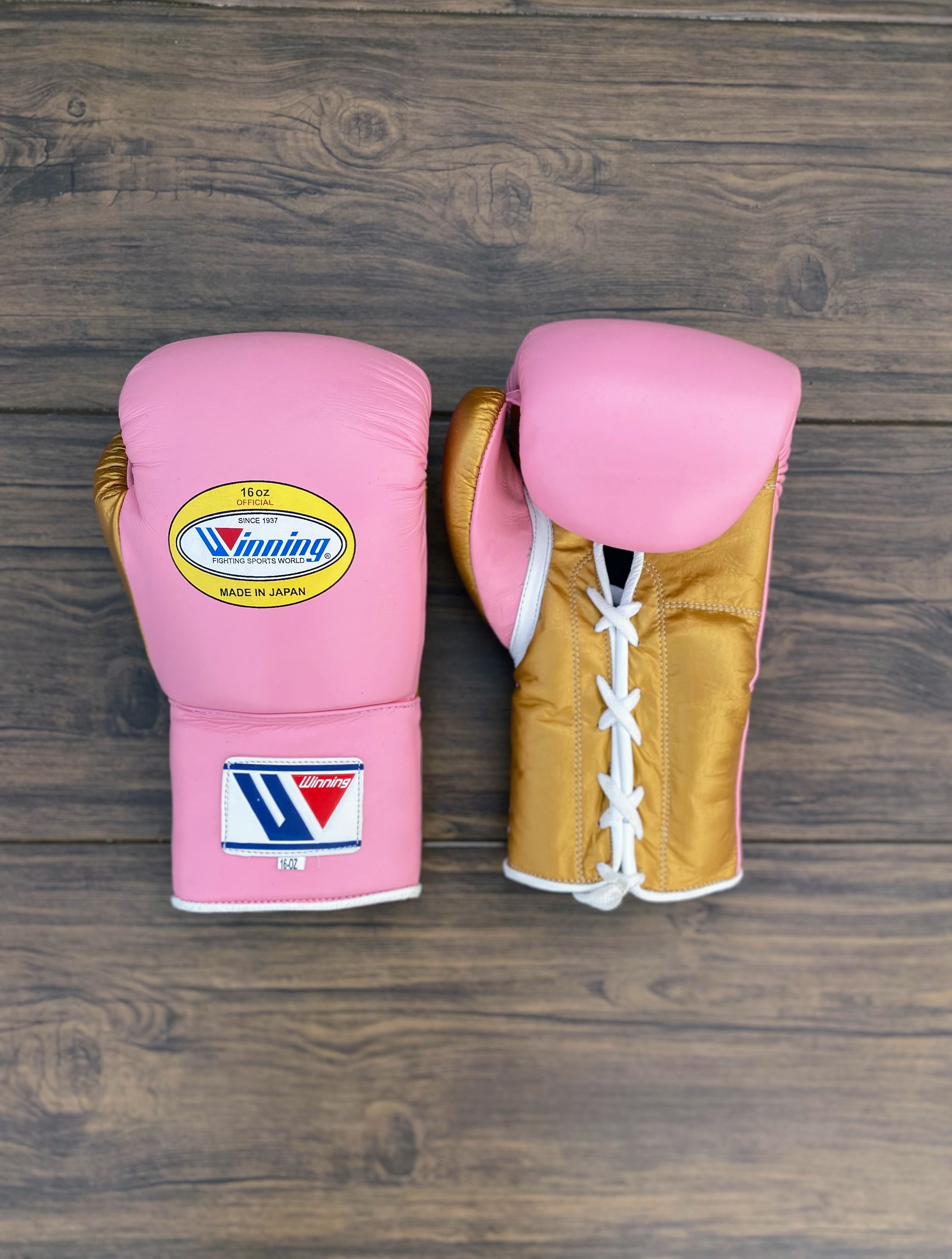 Winning Boxing Gloves Pink/Gold – Japanese Logo Lace-Up