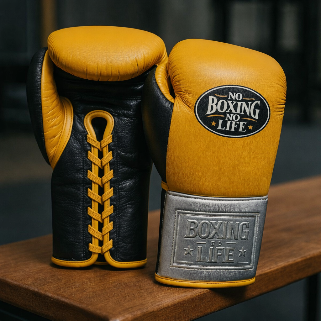 No Boxing No Life Boxing Gloves Gold/Silver/Black Lace-Up Training