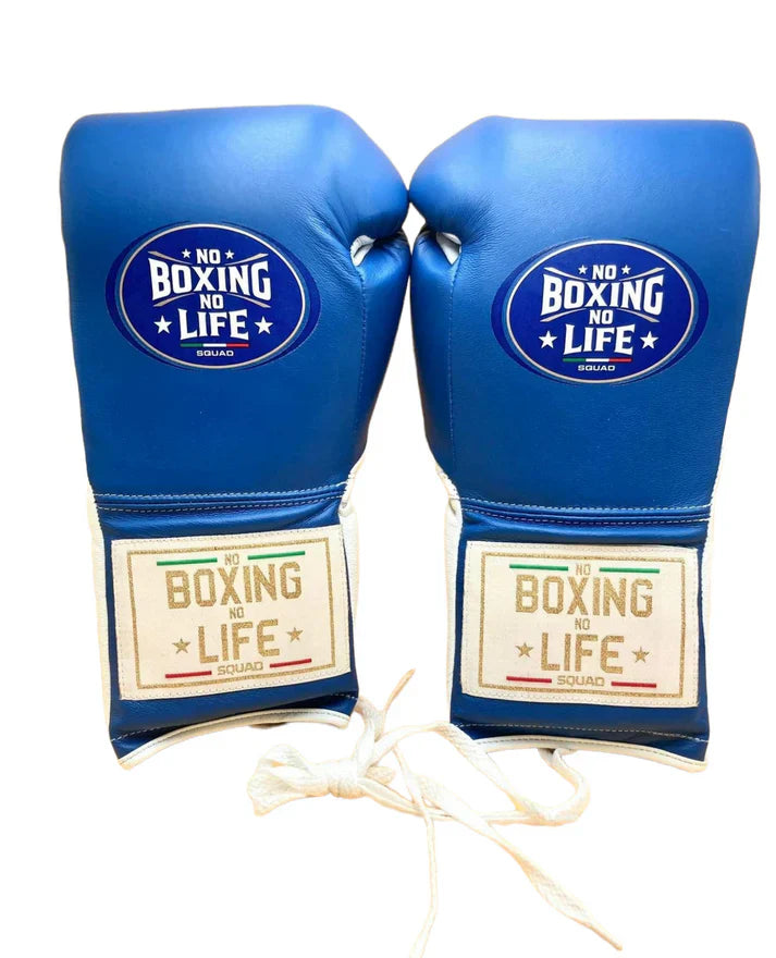 No Boxing No Life Gloves Blue/White Padded Leather Gloves for Boxing Drills