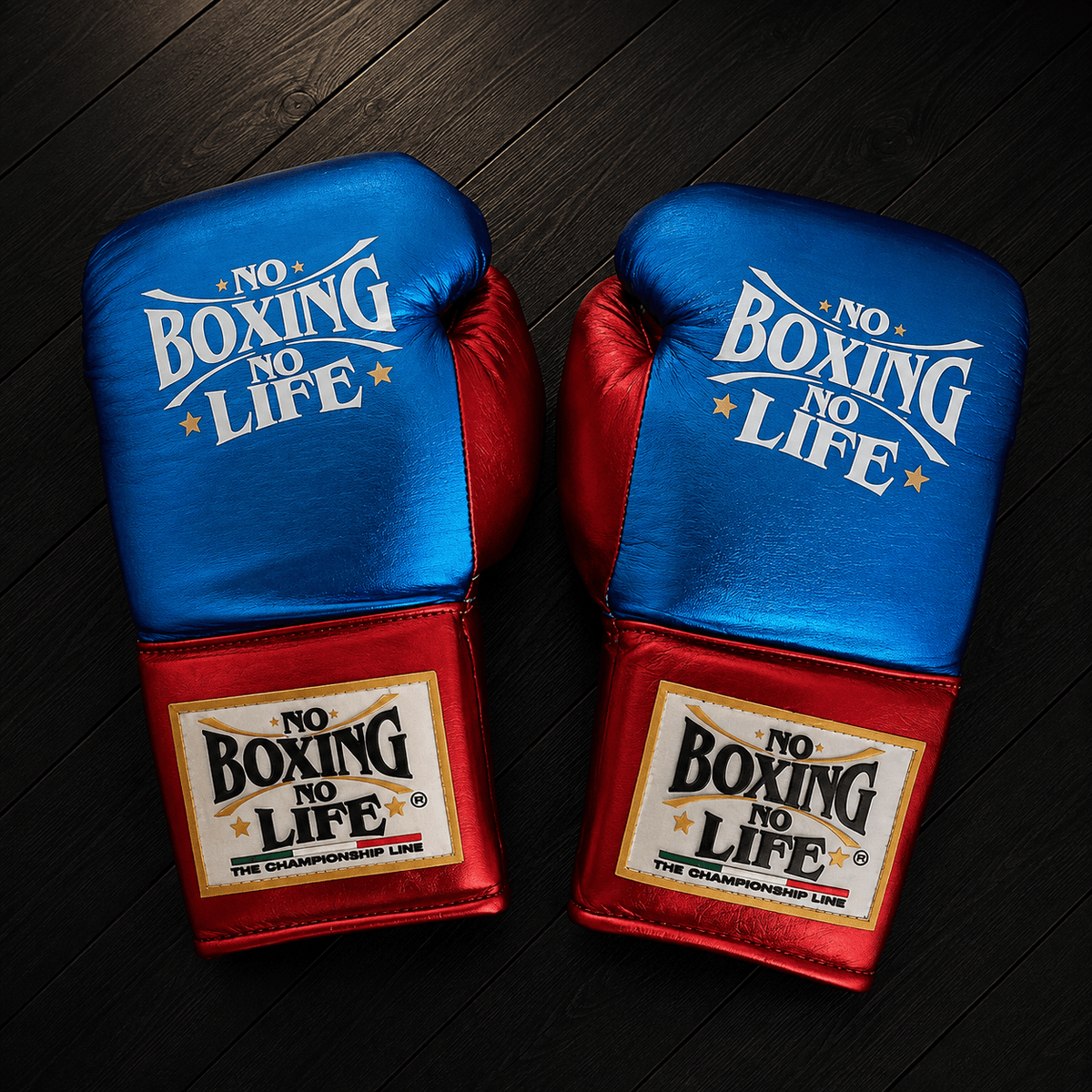 No Boxing No Life Gloves Blue/Red Curved Leather Gloves for MMA Training