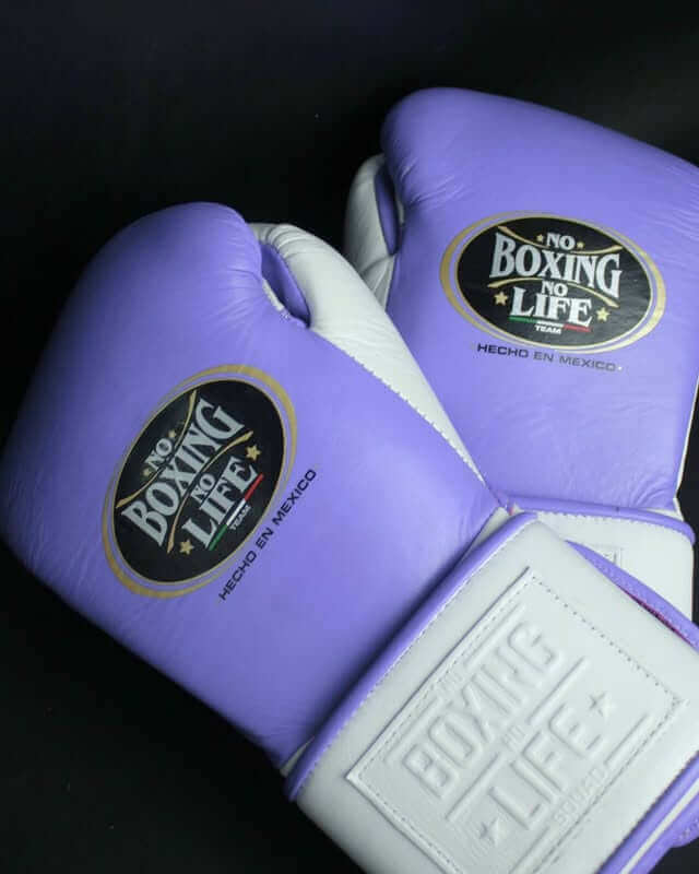No Boxing No Life Gloves Purple/White Velcro Leather Gloves Close View