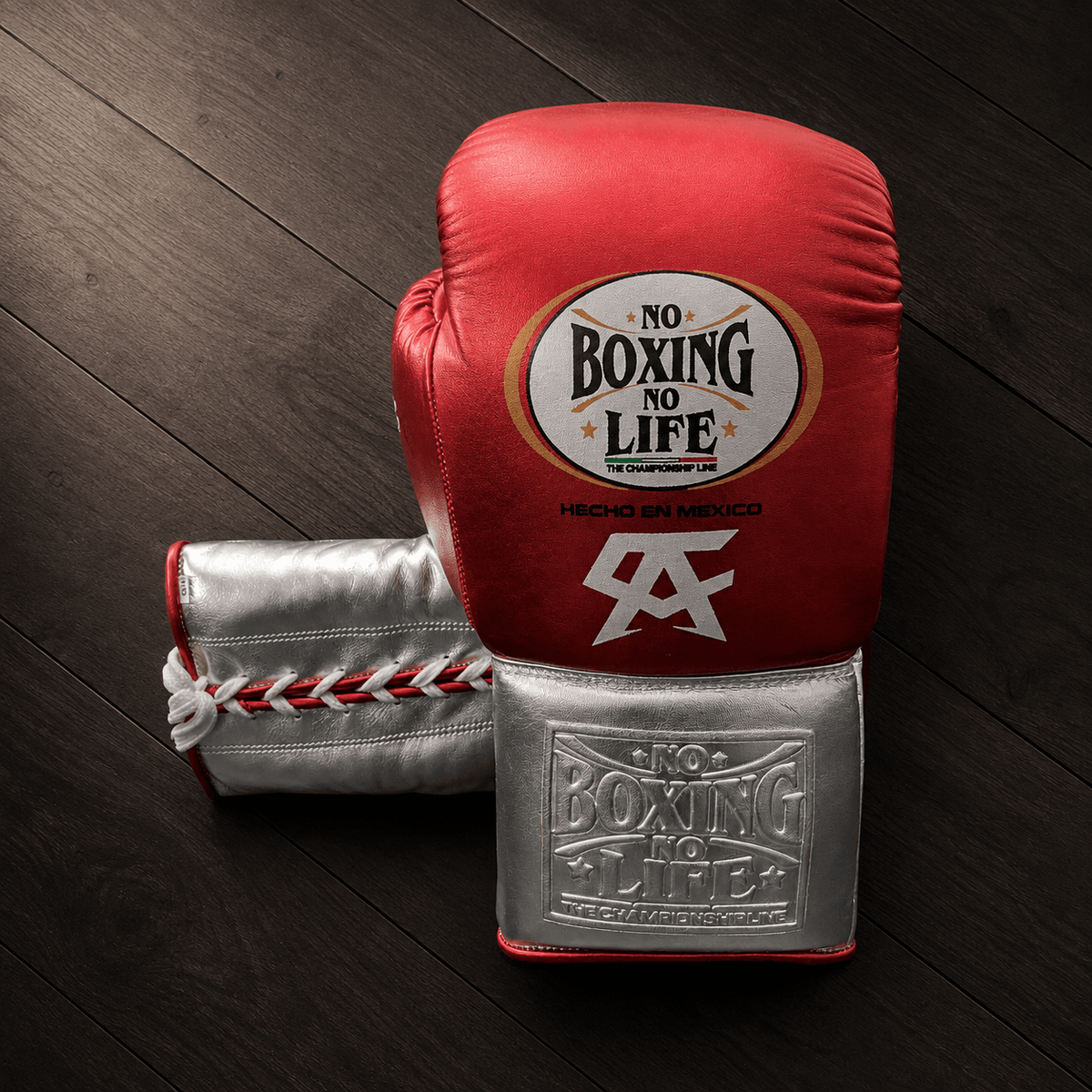 No Boxing No Life Gloves Red/Silver Padded Leather Training Gloves Close View