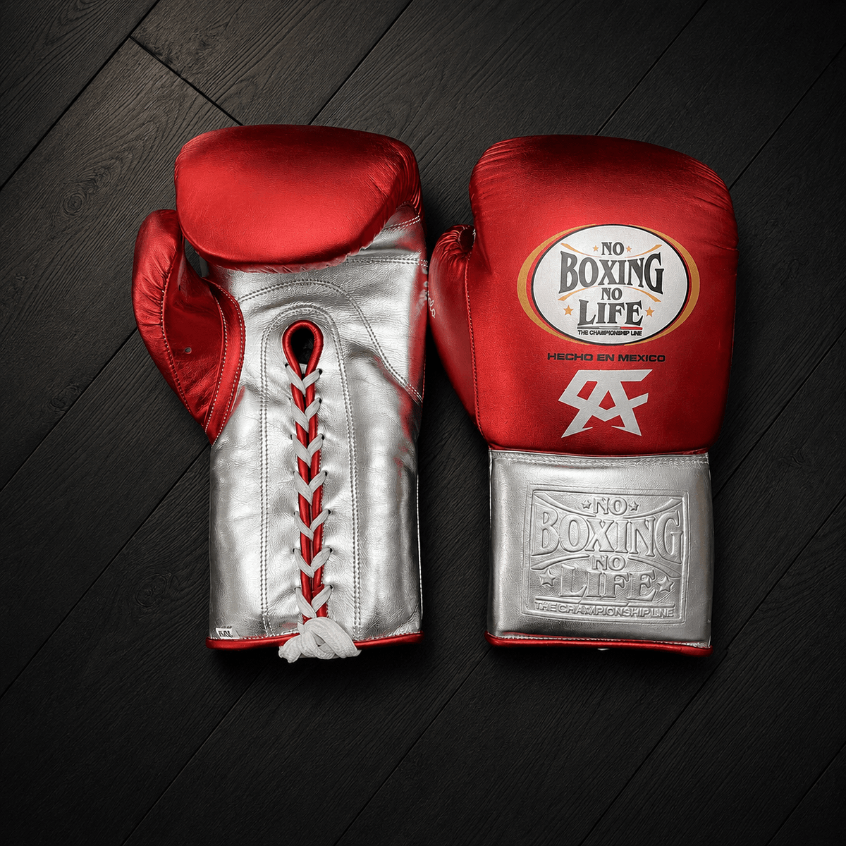 No Boxing No Life Gloves Red/Silver Padded Leather Training Gloves