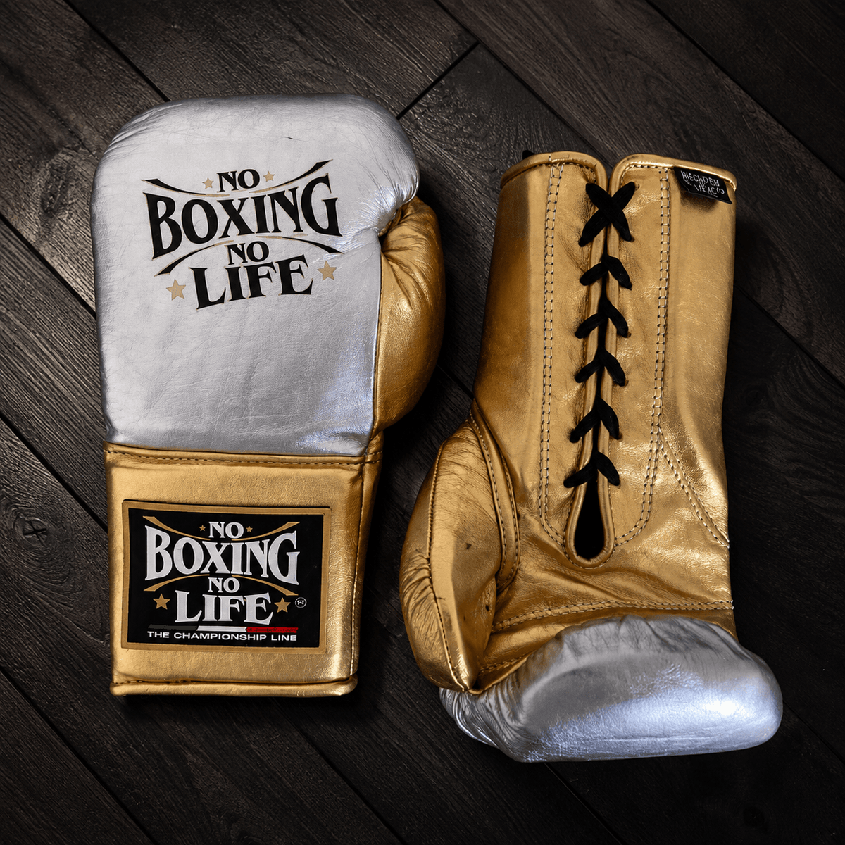 No Boxing No Life Gloves Silver/Gold Padded Leather Gloves for Muay Thai