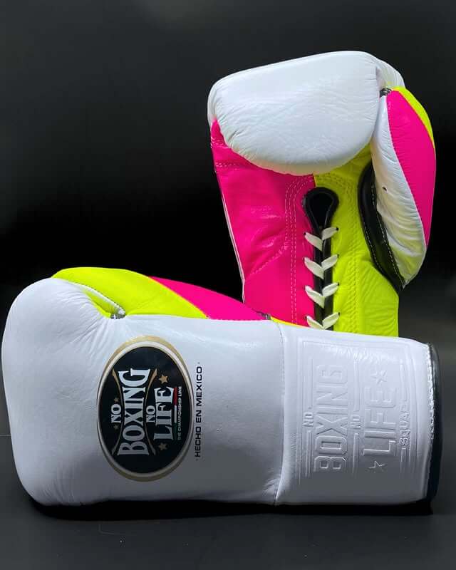 No Boxing No Life Gloves White/Yellow/Pink Lace Up Leather Gloves for Combat Drills