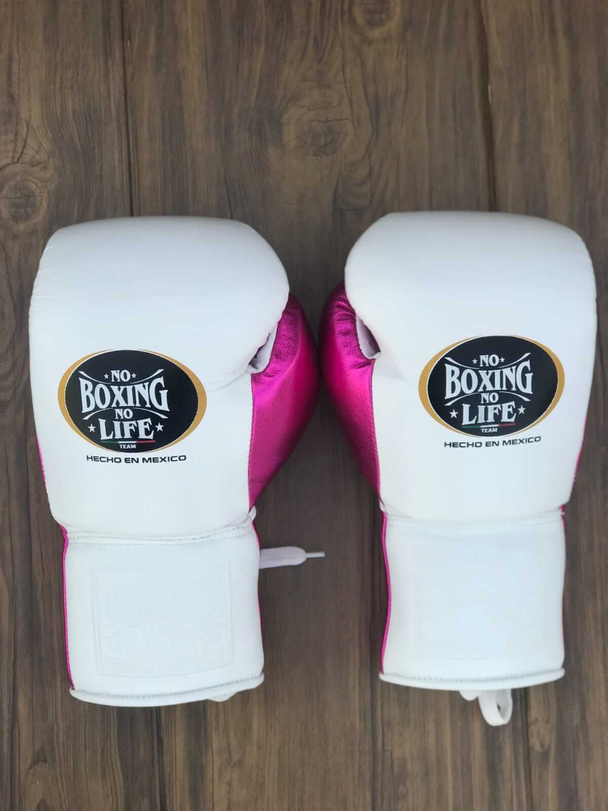 No Boxing No Life Gloves White/Pink Padded Leather Training Gloves Back View