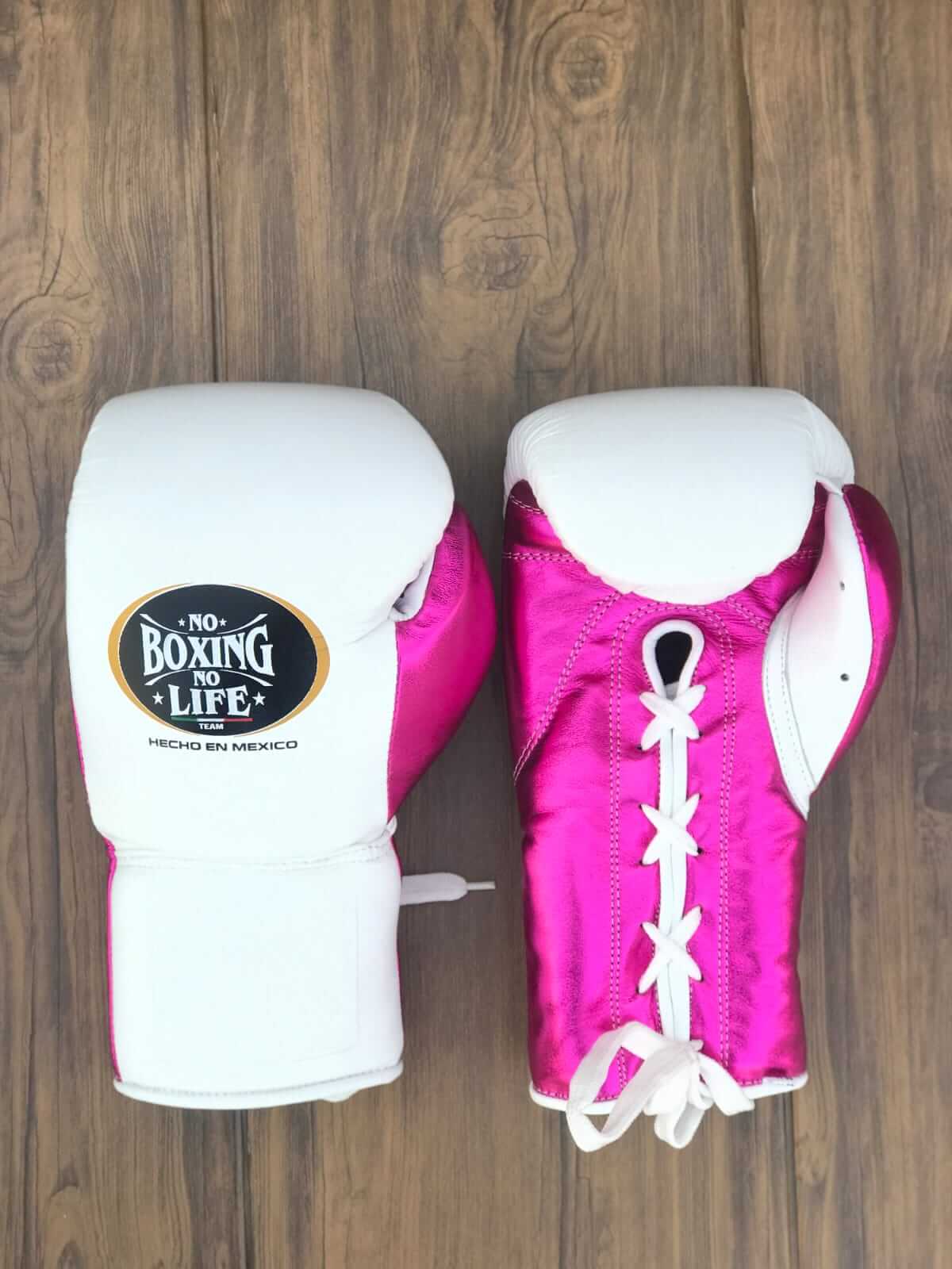 No Boxing No Life Gloves White/Pink Padded Leather Training Gloves