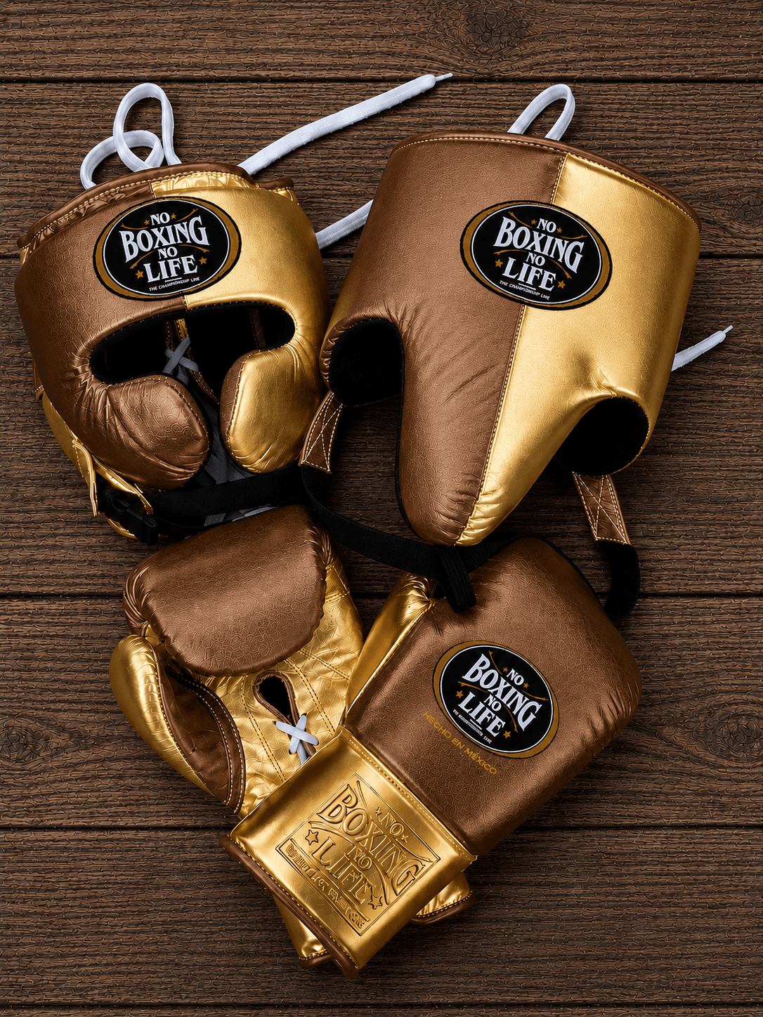 No Boxing No Life Black Brown/Gold Full Boxing Set Gloves Headguard Groin Guard