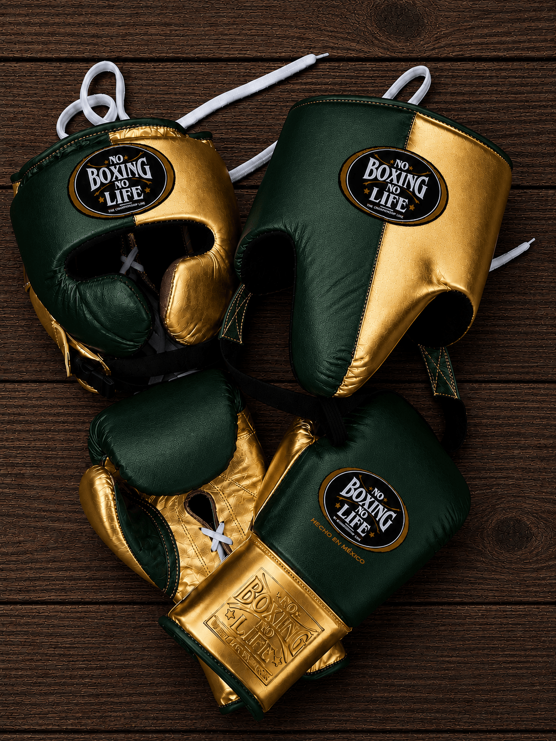 No Boxing No Life Green/Gold Boxing Set 14oz Gloves Full Gear Pack