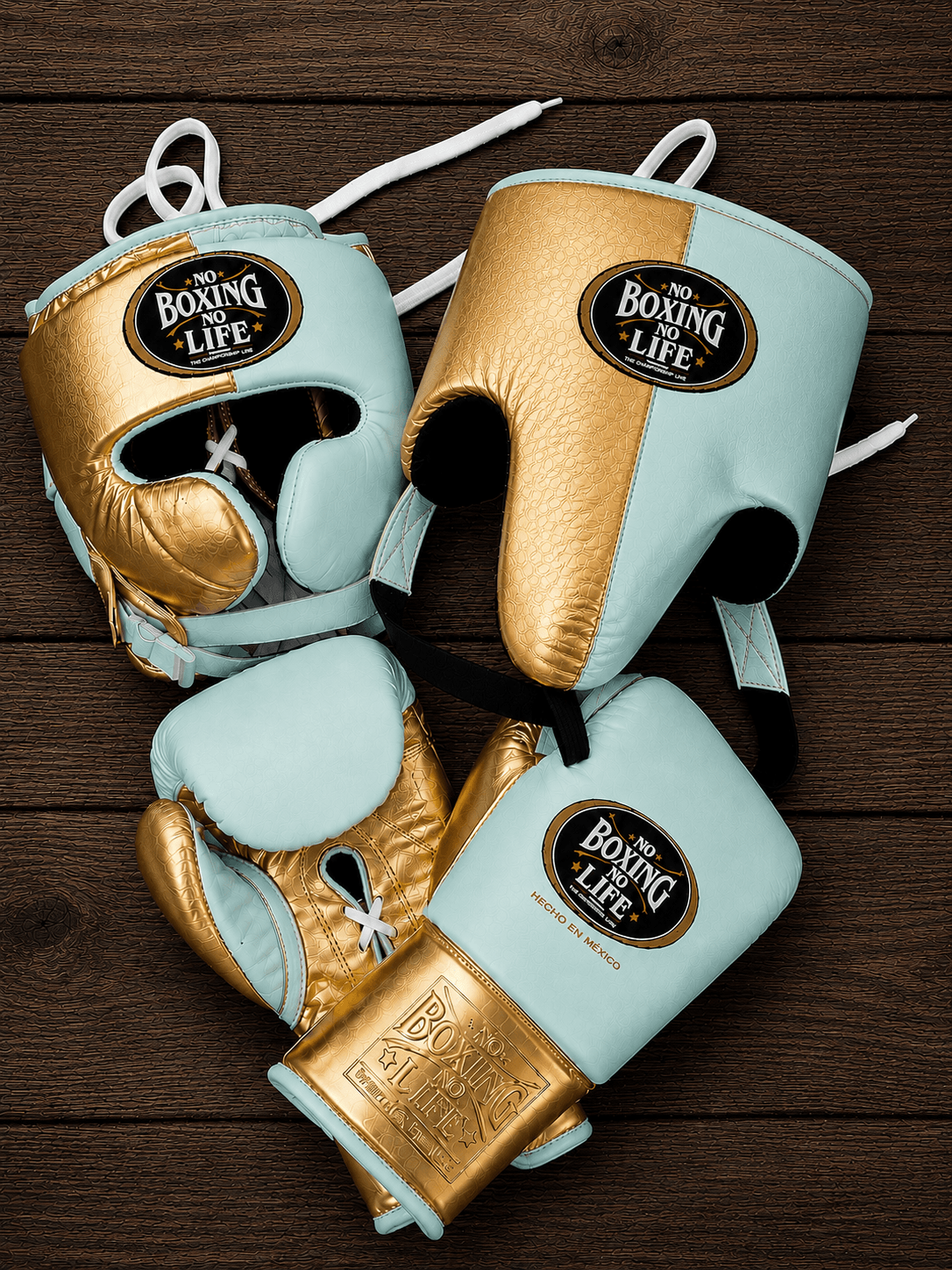 No Boxing No Life Boxing Set Teal/Gold Gym Training Gloves Headguard