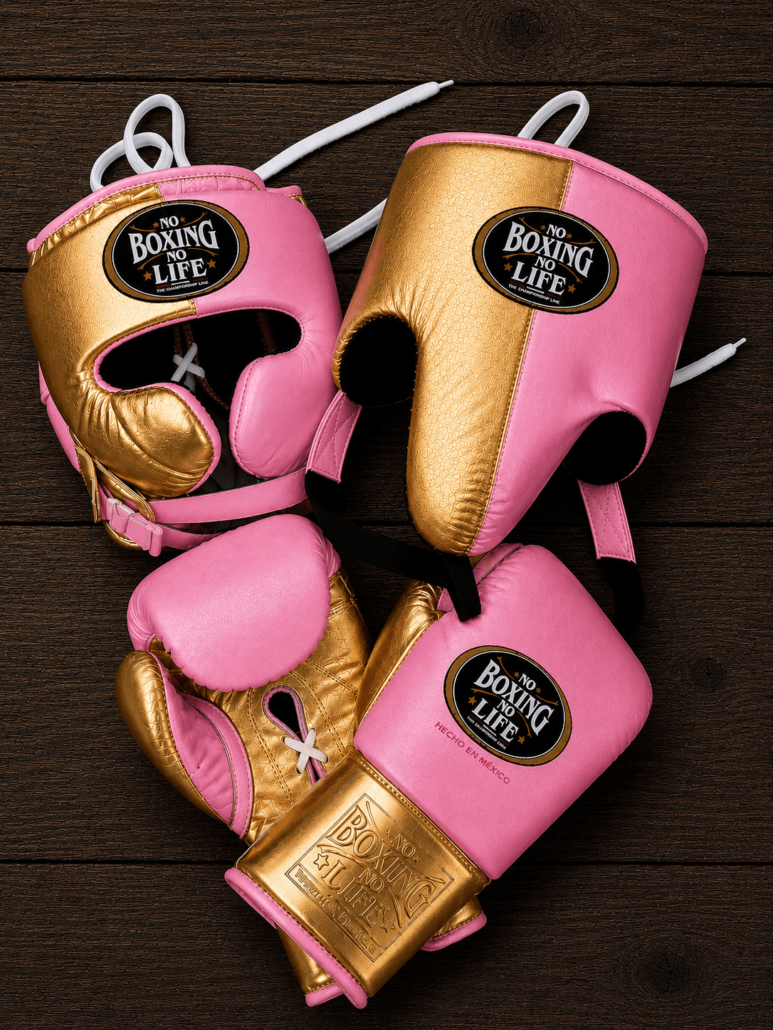 No Boxing No Life Sea Pink/Gold Boxing Set Lace-Up Gloves Training Bundle