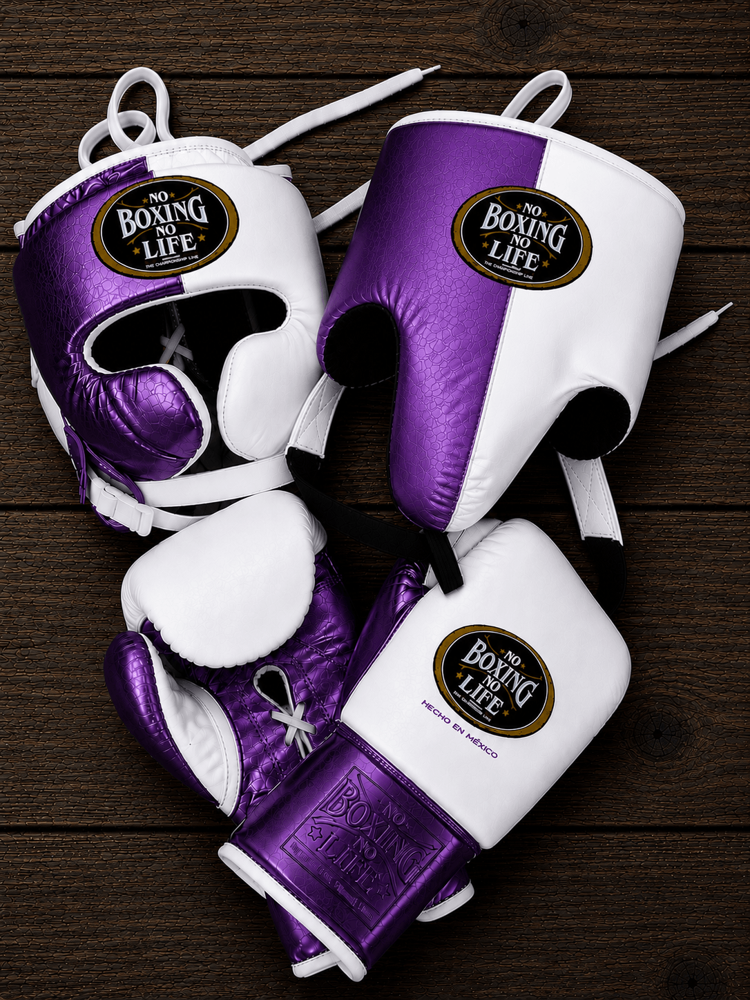 No Boxing No Life White/Purple Boxing Set Gloves Headguard View