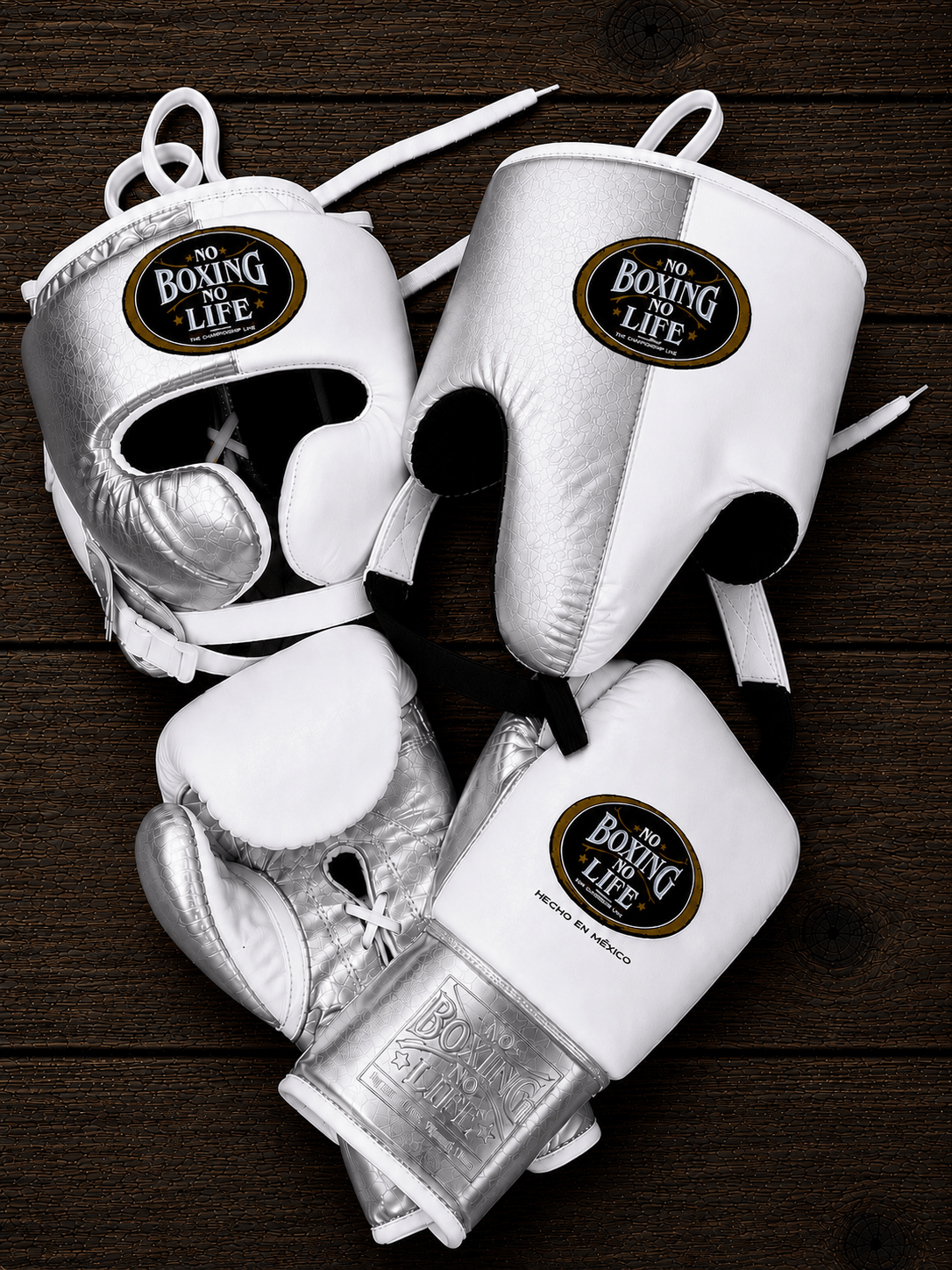 No Boxing No Life Boxing Set White/Gold 14oz Gloves with Headguard Training Kit