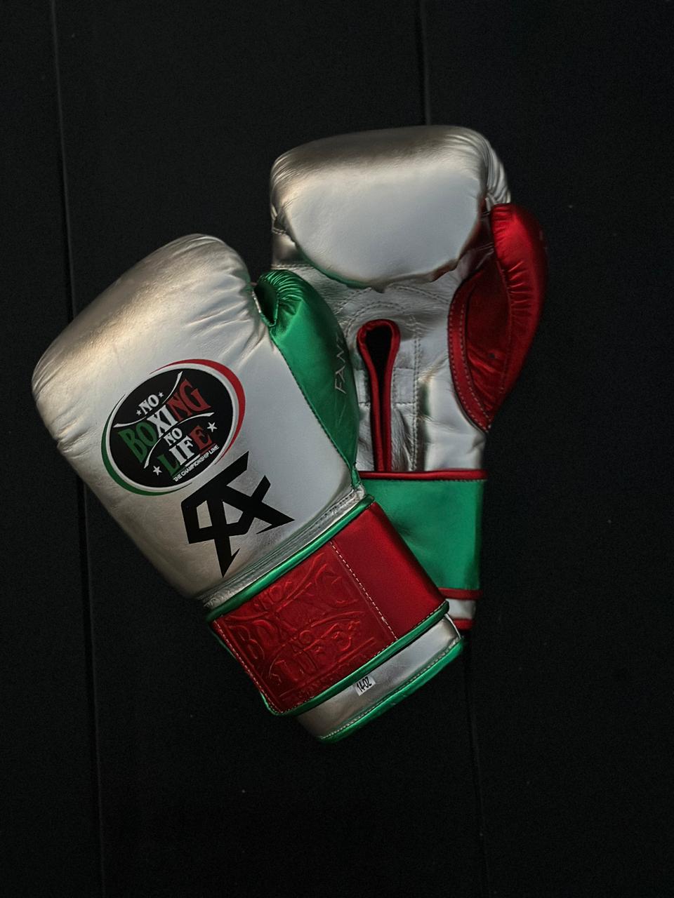 No Boxing No Life Boxing Gloves Silver/Green/Red Secure Fit Leather