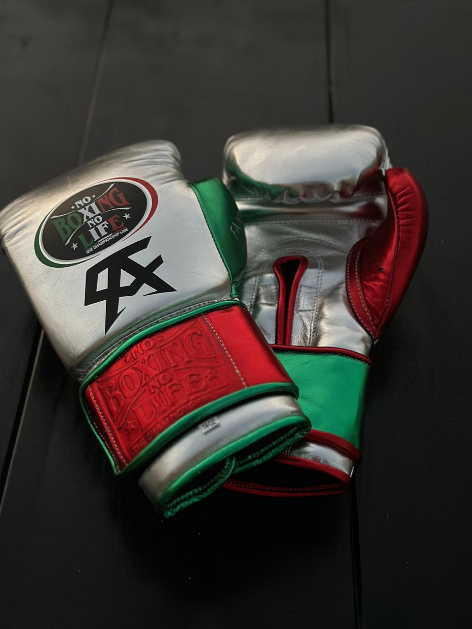 No Boxing No Life Boxing Gloves Silver/Green/Red Secure Fit Leather