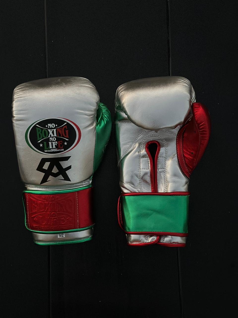 No Boxing No Life Boxing Gloves Silver/Green/Red Secure Fit Leather