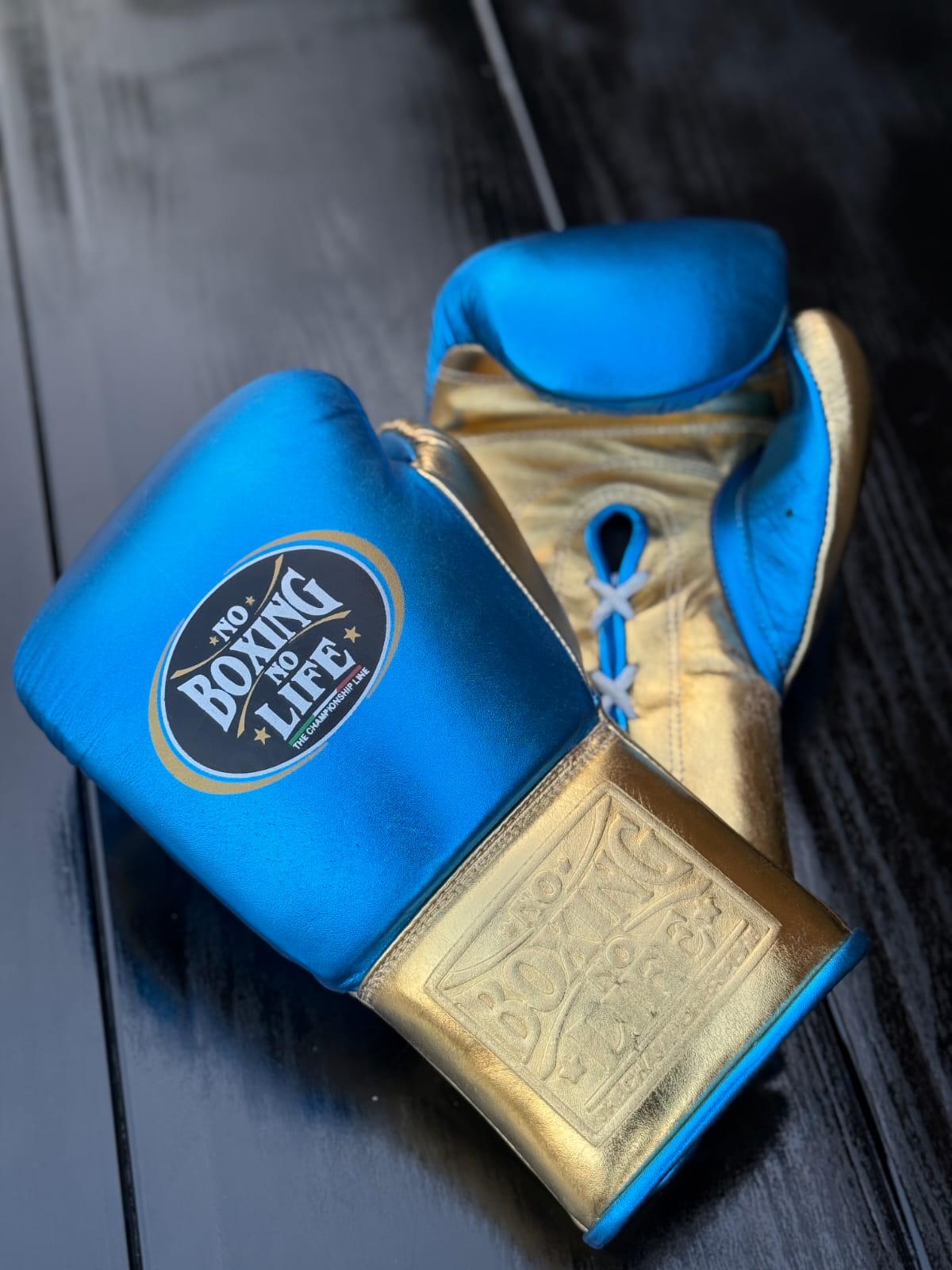 No Boxing No Life Boxing Gloves Blue/Gold Secure Fit Leather