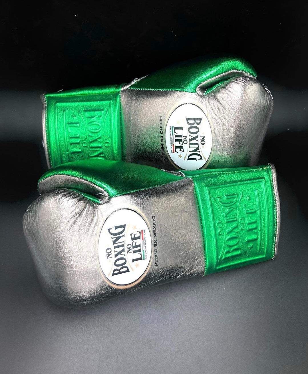No Boxing No Life Boxing Gloves Silver/Green Leather