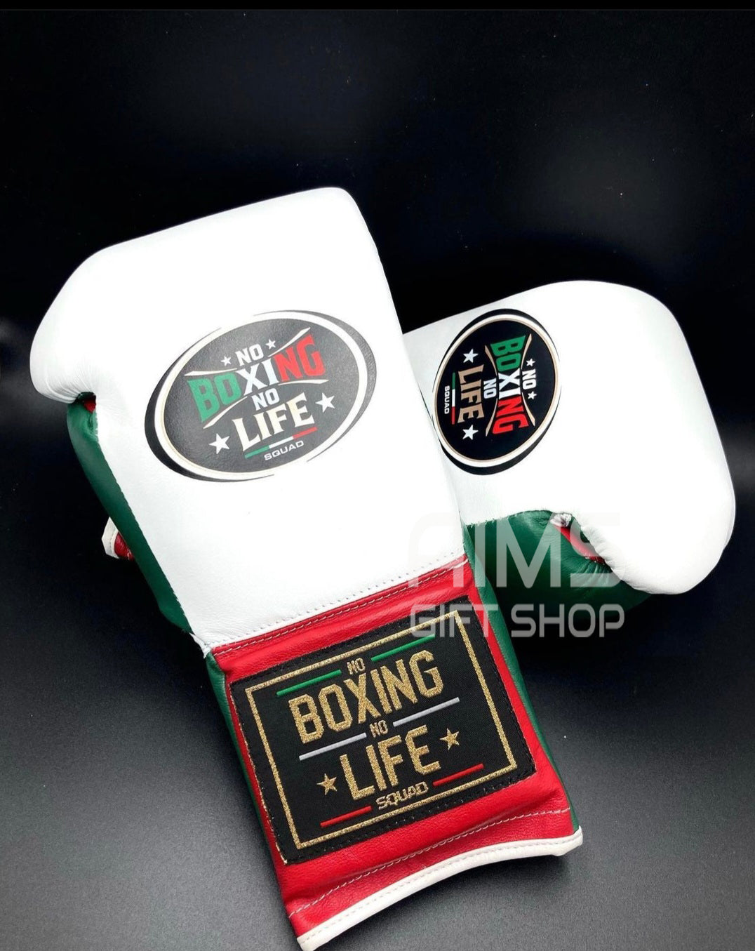 No Boxing No Life Boxing Gloves White/Red/Green Lace-Up Training