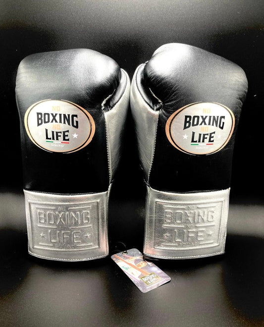 No Boxing No Life Black/Silver Professional Training Boxing Gloves | Customizable