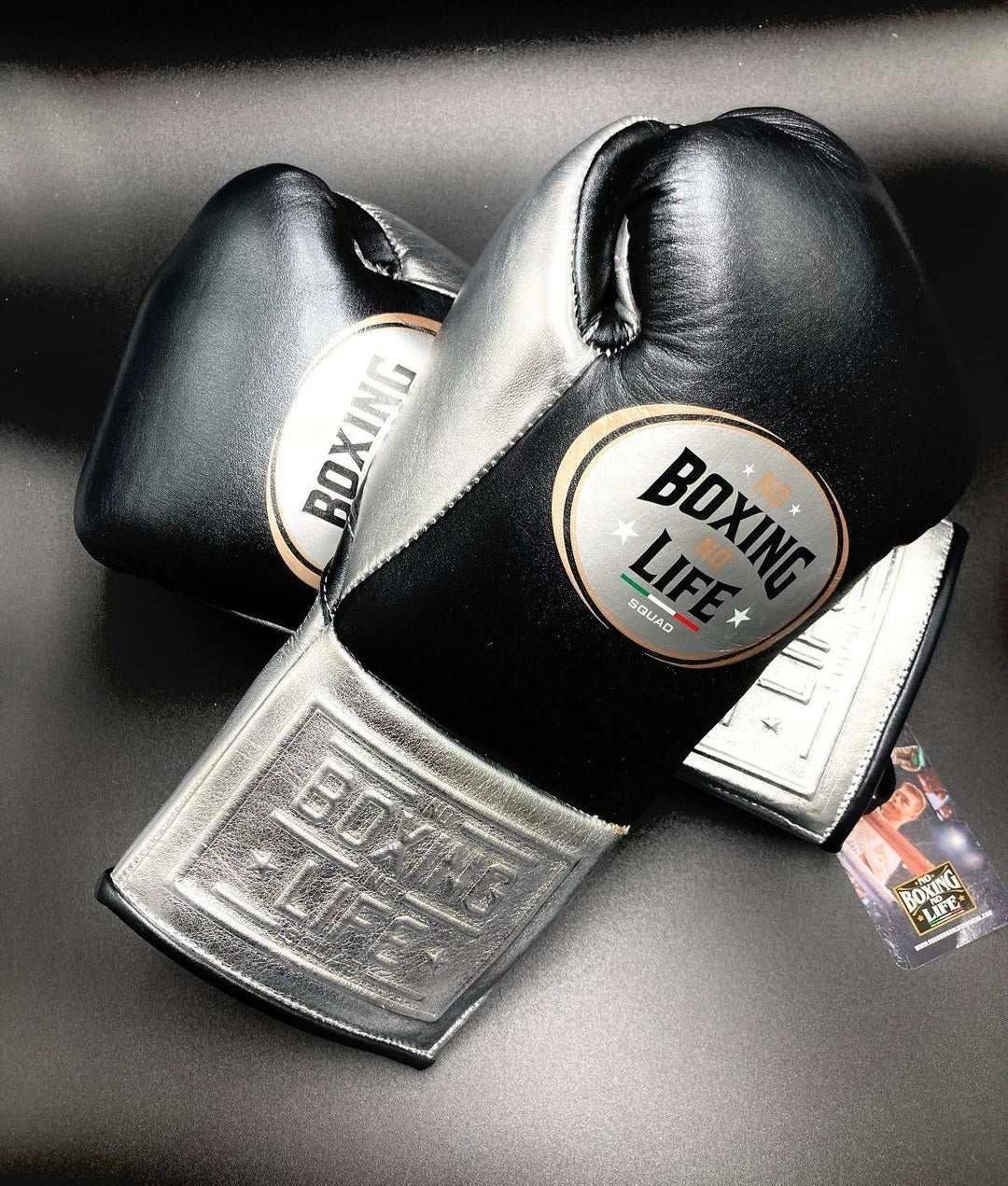 No Boxing No Life Black/Silver Professional Training Boxing Gloves | Customizable