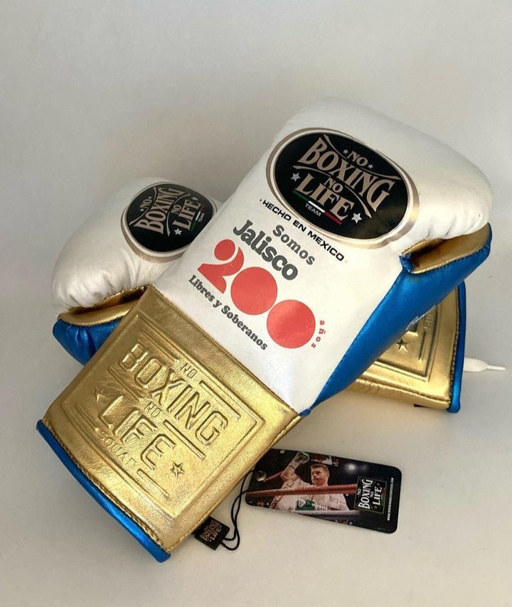 No Boxing No Life Boxing Gloves White/Gold/Blue Secure Fit Leather