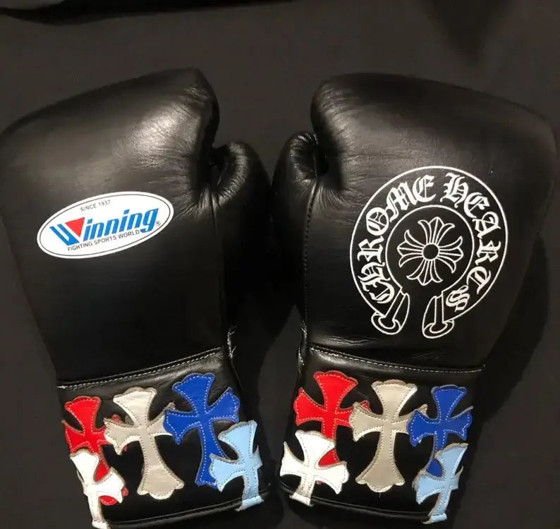 Winning Boxing Gloves Black Chrome Heart Style Padded Leather Gloves for Heavy Bag Work Back View